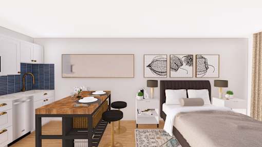 A modern bedroom with a bed, a table, and a painting on the wall.