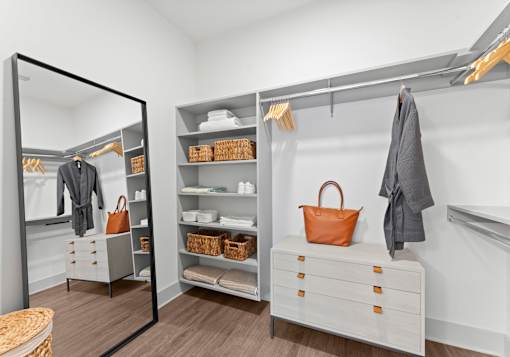 A white closet with a mirror and a brown bag.