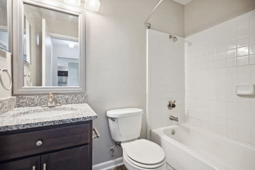 a bathroom with a toilet sink and tub and a mirror