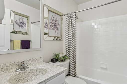 A bathroom with a sink, toilet, and a shower curtain.