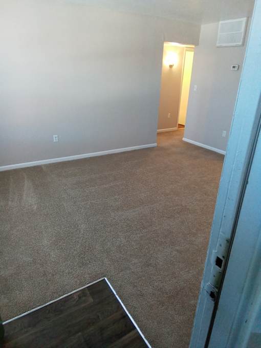 A room with a carpeted floor and a doorway leading to another room.
