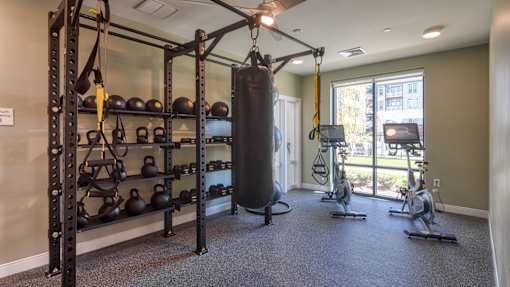A gym with a punching bag, weights, and exercise bikes.