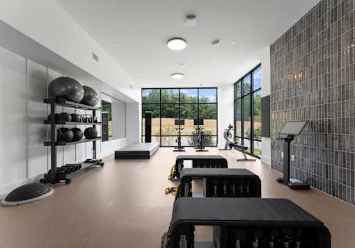 A gym with black and white equipment and a glass wall.
