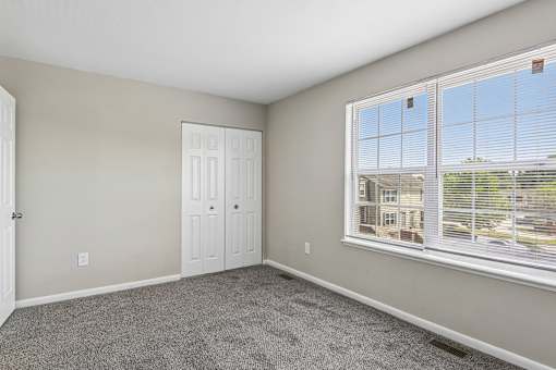 A room with a carpeted floor, a white door, and a window with blinds.