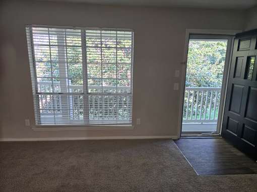 A room with a carpeted floor, a sliding glass door, and a wooden door.