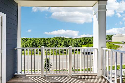 A porch with a white railing and a view of a road and trees.