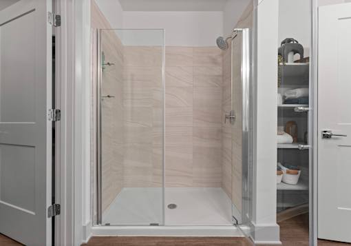 A white bathroom with a walk-in shower and a cabinet with shelves.