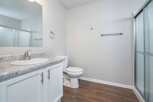 A bathroom with a sink, toilet, and a shower.