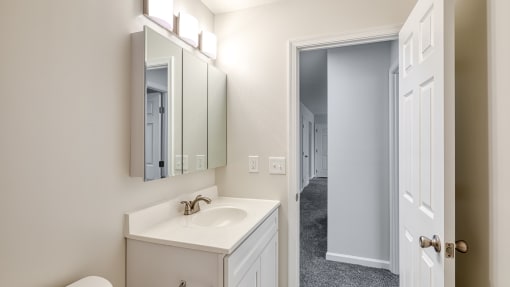 a bathroom with a sink and a mirror and a closet