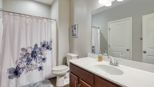 A bathroom with a sink, toilet, and shower curtain.