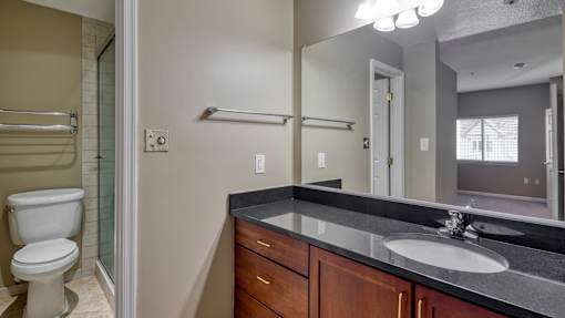 A bathroom with a toilet, sink, and mirror.