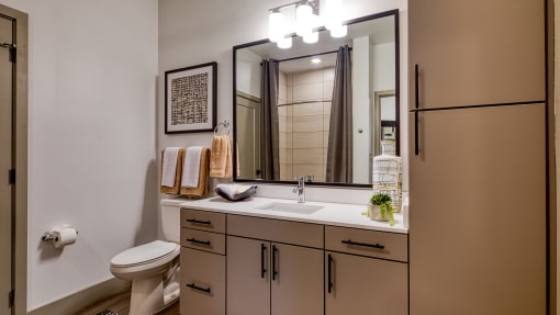 a bathroom with a sink and a mirror and a toilet at Aura Stonebridge, Richmond Virginia