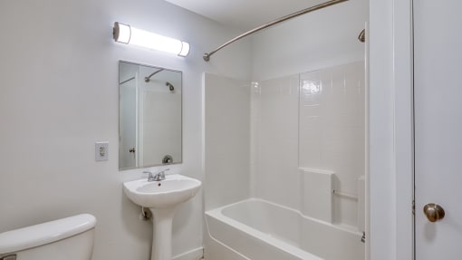 a bathroom with a sink and a tub and a mirror