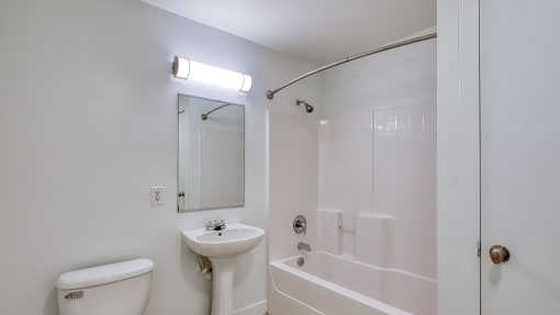a bathroom with a sink and a tub and a mirror