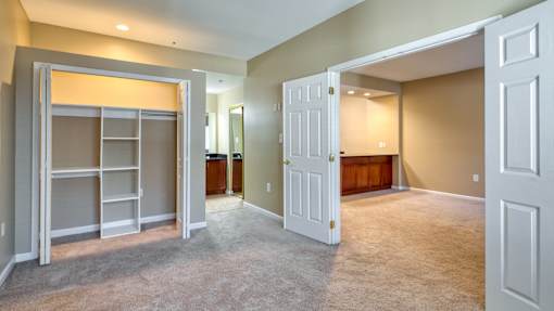 A large, empty room with a built-in closet and carpeted floor.