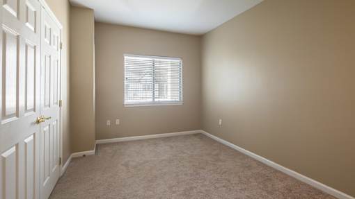 A room with a white door and carpeted floor.