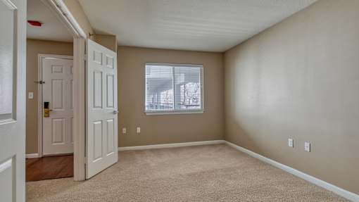 A room with a carpeted floor and a window with blinds.