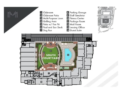 a floor plan of a facility with a pool and plantersat Metropolis Apartments, Glen Allen