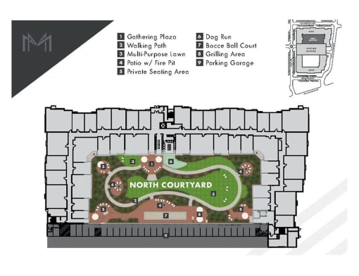 a floor plan of a park with a plan of the north courtyardat Metropolis Apartments, Glen Allen Virginia