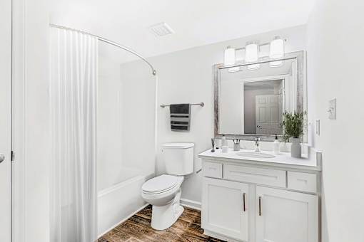 A white bathroom with a toilet, sink, and mirror.