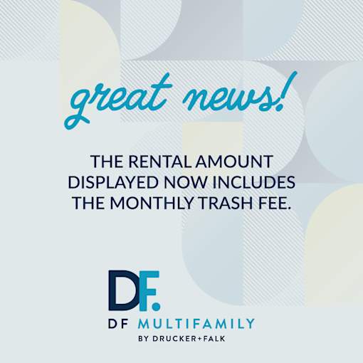 A poster announces that the rental amount now includes the monthly trash fee.