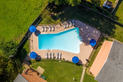 arial view of a pool in a backyard with umbrellas