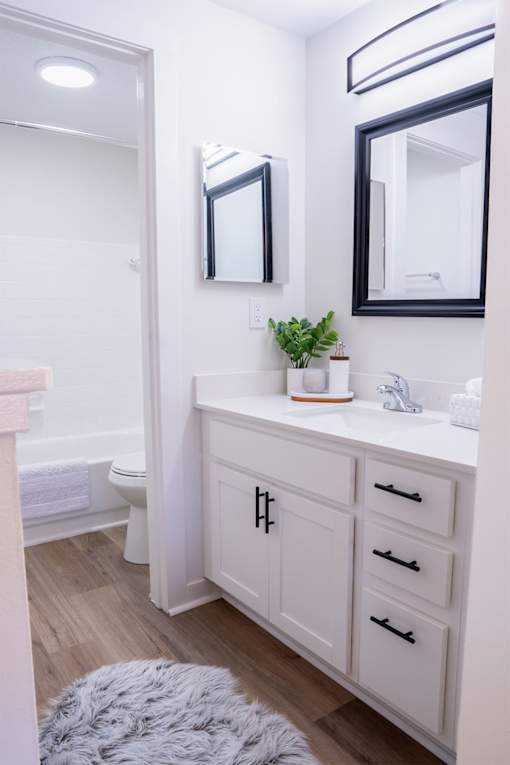 A bathroom with a white vanity and a mirror above it.