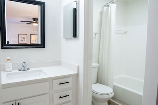 A white bathroom with a toilet, sink, and mirror.