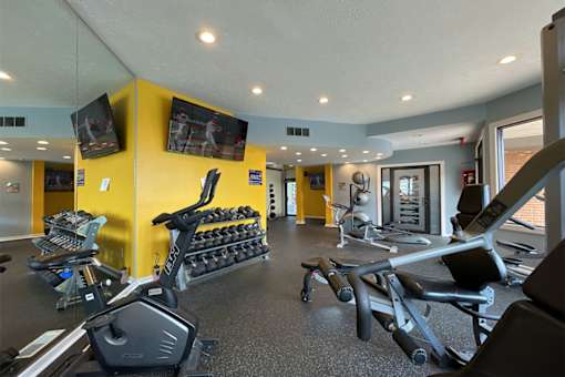 A gym with a yellow wall and a row of treadmills.