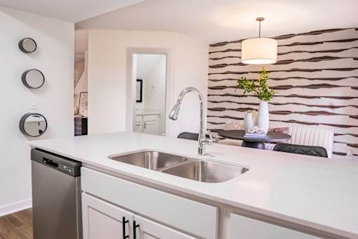 A modern kitchen with a white countertop and a stainless steel dishwasher.
