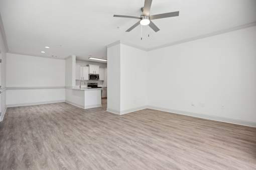 A room with a ceiling fan and light fixture, and a kitchenette in the background.