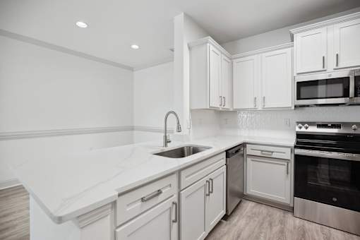 A modern kitchen with white cabinets and stainless steel appliances.