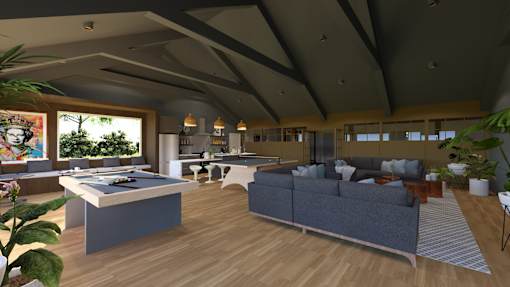 A modern living room with a pool table and a large couch.