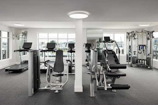 A gym with a variety of equipment including treadmills, weights, and exercise machines.