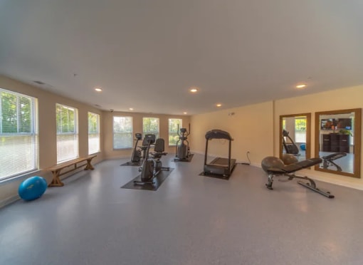 a gym with a lot of exercise equipment and windows