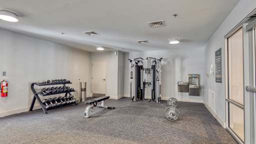 A gym with a variety of equipment including dumbbells, a bench, and a weight rack.