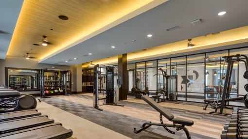 a gym with treadmills and weights in a building with glass walls at Aura Stonebridge, Richmond, VA