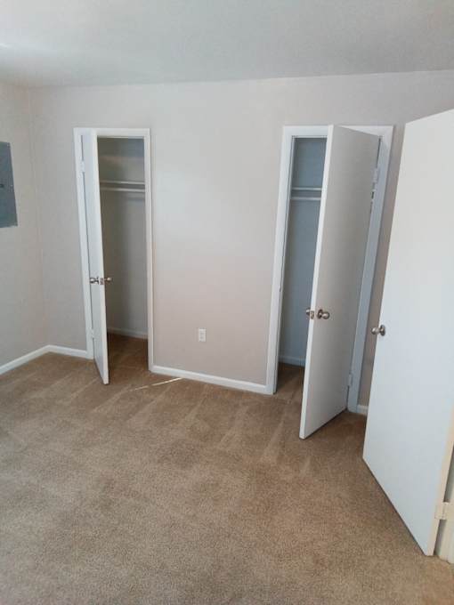 Three white doors are open in a room with carpeted floor.