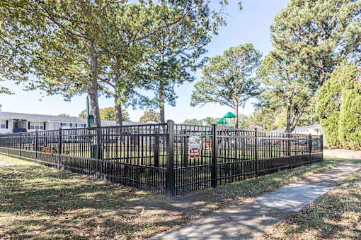 A black metal fence surrounds a grassy area with trees.