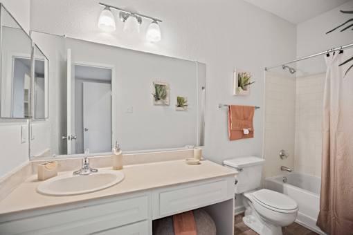 A bathroom with a sink, toilet, and shower.