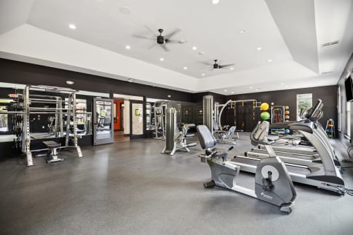 a gym with weights and cardio equipment on the floor and a ceiling fan at Shellbrook, North Carolina, 27609