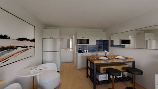 A modern kitchen with a breakfast bar and a painting on the wall.