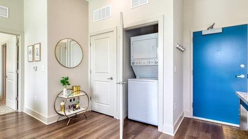 A blue door is on the right side of the image.