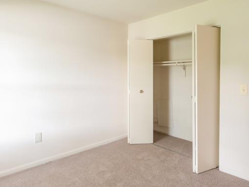 A room with a carpeted floor and a closet with a door open.