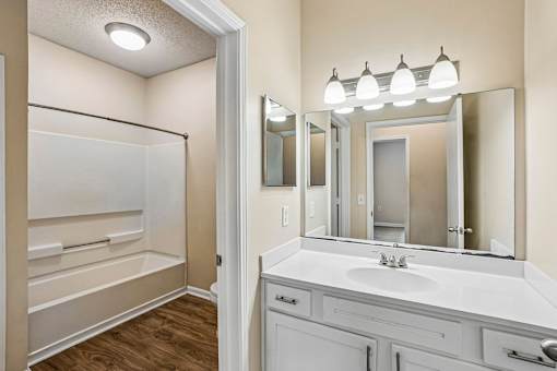 A bathroom with a white sink and a large mirror.