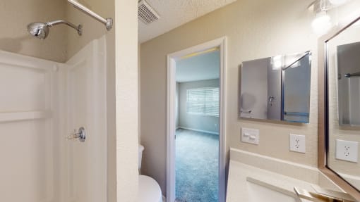 a bathroom with a shower and a toilet