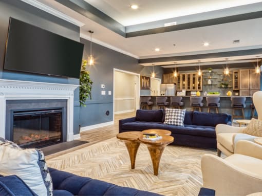 a living room with couches and a fireplace and a tv