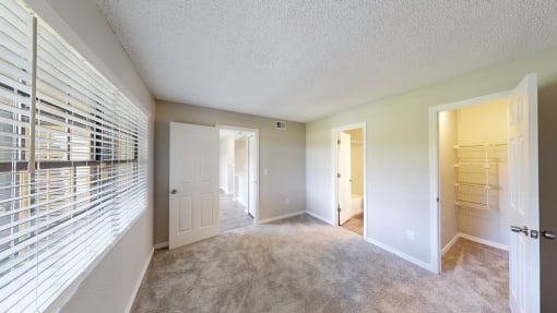 a bedroom with a closet and two doors