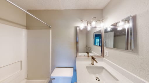a bathroom with a sink mirror and toilet