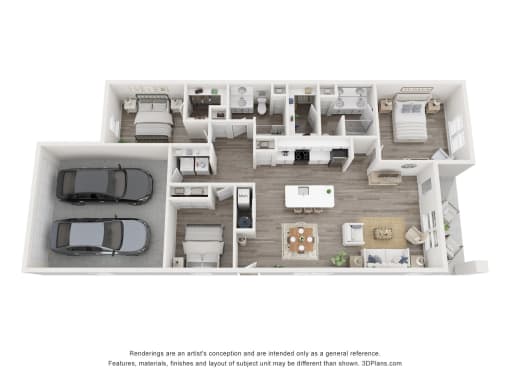 a stylized floor plan of a 4 bedroom apartment